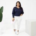 Women Plus Size Basics V Neck Long-sleeve Pullover Deep Blue