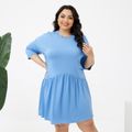 Women Plus Size Casual Round-collar Blue Dress Navy image 3