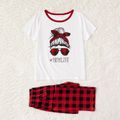 Christmas Face and Letter Print Family Matching Short-sleeve Red Plaid Pajamas Sets (Flame Resistant) Red/White