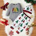 4pcs Baby Girl Christmas Tree and Letter Print Long-sleeve Romper Set Grey