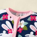 Baby Girl All Over Cartoon Rabbit and Floral Print Long-sleeve Jumpsuit Deep Blue