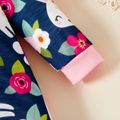 Baby Girl All Over Cartoon Rabbit and Floral Print Long-sleeve Jumpsuit Deep Blue