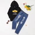 2-piece Kid Girl Letter Sunflower Print Black Hoodie Sweatshirt and Ripped Denim Jeans Set Multi-color