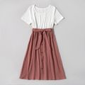 100% White and Pink Splice Print Cotton Family Matching Sets(Short-sleeve Belted Midi Dresses and T-shirts) White