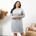 Women Plus Size Basics Round-collar Lace Hem Long-sleeve Nightdress Grey