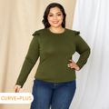Women Plus Size Elegant Ruffled Long-sleeve Tee Dark Green