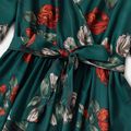 Floral Print Green V Neck Cross Wrap Belted Midi Dress for Mom and Me Dark Green