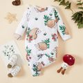 All Over Animal and Plant Print Baby Girl Ruffle Long-sleeve Jumpsuit White
