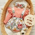 2pcs Baby Floral Print Ribbed Ruffle Long-sleeve Faux-two Romper Dress Set Pink image 2
