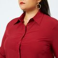 Women Plus Size Basics Lapel Collar Button Down Long-sleeve Burgundy Shirt Burgundy