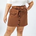 Women Plus Size Elegant Button Design Belted Suede Skirt Brown