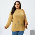 Women Plus Size Casual Drop Shoulder Ripped Sweater Khaki