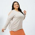 Women Plus Size Casual Cold Shoulder Ruched Knitwear Apricot