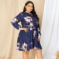 Women Plus Size Vacation Floral Print Round-collar Belted Long-sleeve Dress Royal Blue
