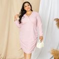 Women Plus Size Elegant V Neck Long-sleeve Pink Dress Pink image 5