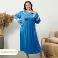 Women Plus Size Casual Doll Collar Lace Design Long-sleeve Maxi Dress Dark Blue