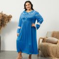 Women Plus Size Casual Doll Collar Lace Design Long-sleeve Maxi Dress Dark Blue