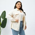 Women Plus Size Casual Lapel Collar Button Design Corduroy Shirt Jacket Beige