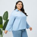 Women Plus Size Casual Lapel Collar Long-sleeve Denim Blouse Light Blue image 3