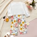 2-piece Toddler Girl Ribbed Long Puff-sleeve Top and Floral Print Paperbag Pants Set White