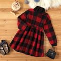 Kid Girl Stand Collar Plaid/Colorblock Bowknot Design Fuzzy Long-sleeve Dress Red