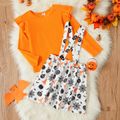 2-piece Kid Girl Halloween Ruffled Long-sleeve Top and Pumpkin Bat Spider Web Print Suspender Skirt Set Orange