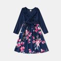 Family Matching Long-sleeve Cross Wrap Ruffle Splice Floral Print Dresses and Striped T-shirts Sets Royal Blue