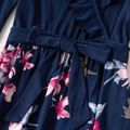Family Matching Long-sleeve Cross Wrap Ruffle Splice Floral Print Dresses and Striped T-shirts Sets Royal Blue