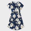 Floral Print Navy Short-sleeve Round Neck Belted Dress for Mom and Me Dark Blue