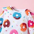 2pcs Baby Girl All Over Donut Print White Ruffle Long-sleeve Jumpsuit Set Color block