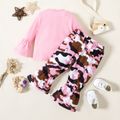 2pcs Baby Girl Letter Print Pink Long-sleeve T-shirt and Camouflage Bell Bottom Pants Set Pink