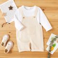 2-piece Toddler Girl/Boy Long-sleeve White T-shirt and Button Design Mesh Pocket Solid Overalls Set Beige