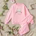 2-piece Kid Girl Letter Cat Embroidered Fuzzy Pink Pullover and Pants Set Pink
