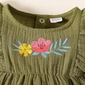 100% Cotton Crepe Floral Embroidered Sleeveless Ruffle Baby Girl Jumpsuit Dark Green