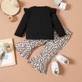 2pcs Baby Girl Letter Print Ruffle Long-sleeve T-shirt and Leopard Bell Bottom Pants Set Color block