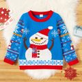 Toddler Boy Christmas Snowman Geo Pattern Colorblock Knit Sweater Blue