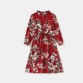 Floral Print Red Family Matching Sets（Belted Midi Dresses and Striped Long-sleeve T-shirts） Red