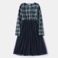 Family Matching Long-sleeve Button Down Blue Mesh Splicing Plaid Dresses and Shirts Sets Royal Blue