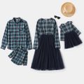 Family Matching Long-sleeve Button Down Blue Mesh Splicing Plaid Dresses and Shirts Sets Royal Blue image 1