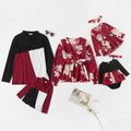 Floral Print Red Family Matching V-neck Long-sleeve Blouses and Colorblock Polo Shirts Black/White/Red