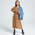Stripe Lace-up Round-collar Long-sleeve Midi Dress Brown