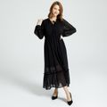 Black Swiss Dot Print V-neck Long-sleeve Tiered Midi Dress Black