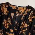 Floral Print Black Family Matching Sets(Long Sleeve Midi Dresses and Striped T-shirts) Black