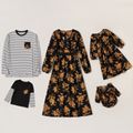 Floral Print Black Family Matching Sets(Long Sleeve Midi Dresses and Striped T-shirts) Black