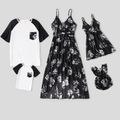 Floral Print Black Family Matching Sets（Belted Cami Midi Dresses and Raglan Short Sleeve T-shirts） Black/White