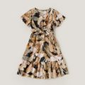 Floral Print Family Matching Sets(Ruffle Belted Midi Dresses and Short Sleeve T-shirts） Black