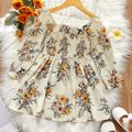 Toddler Girl Floral Print Square Neck Smocked Long-sleeve Dress Beige