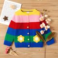Toddler Girl Floral Embroidered Colorful Stripe Button Design Knit Sweater Multi-color