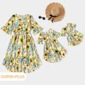 Floral Print Yellow V-neck Half Sleeve Ruffle Midi Dress for Mom and Me Yellow