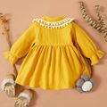 Solid Yellow Long-sleeve Waffle Pompom Decor Bowknot Baby Dress Yellow